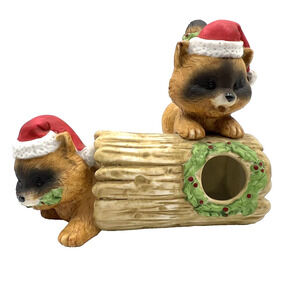 Vintage RR Roman Christmas Raccoons On A Wood Log Figurine Anthropomorphic Decor